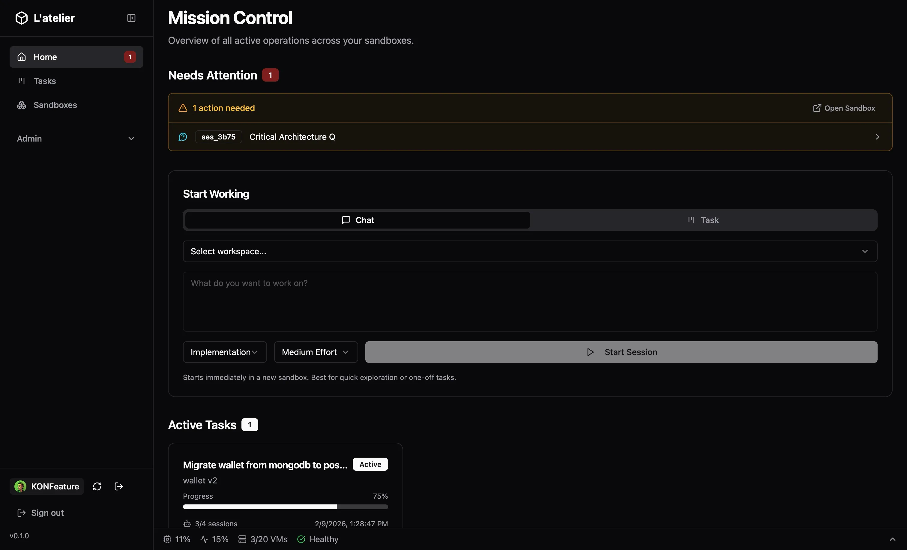 L'Atelier Mission Control: attention feed, task dispatch, and active task progress