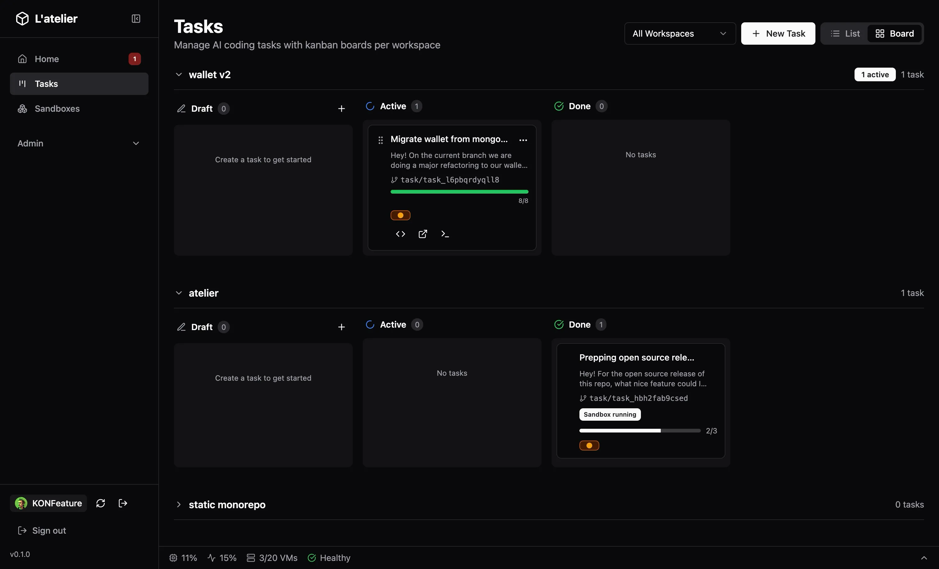 Task kanban: two workspaces, one active migration task, one completed