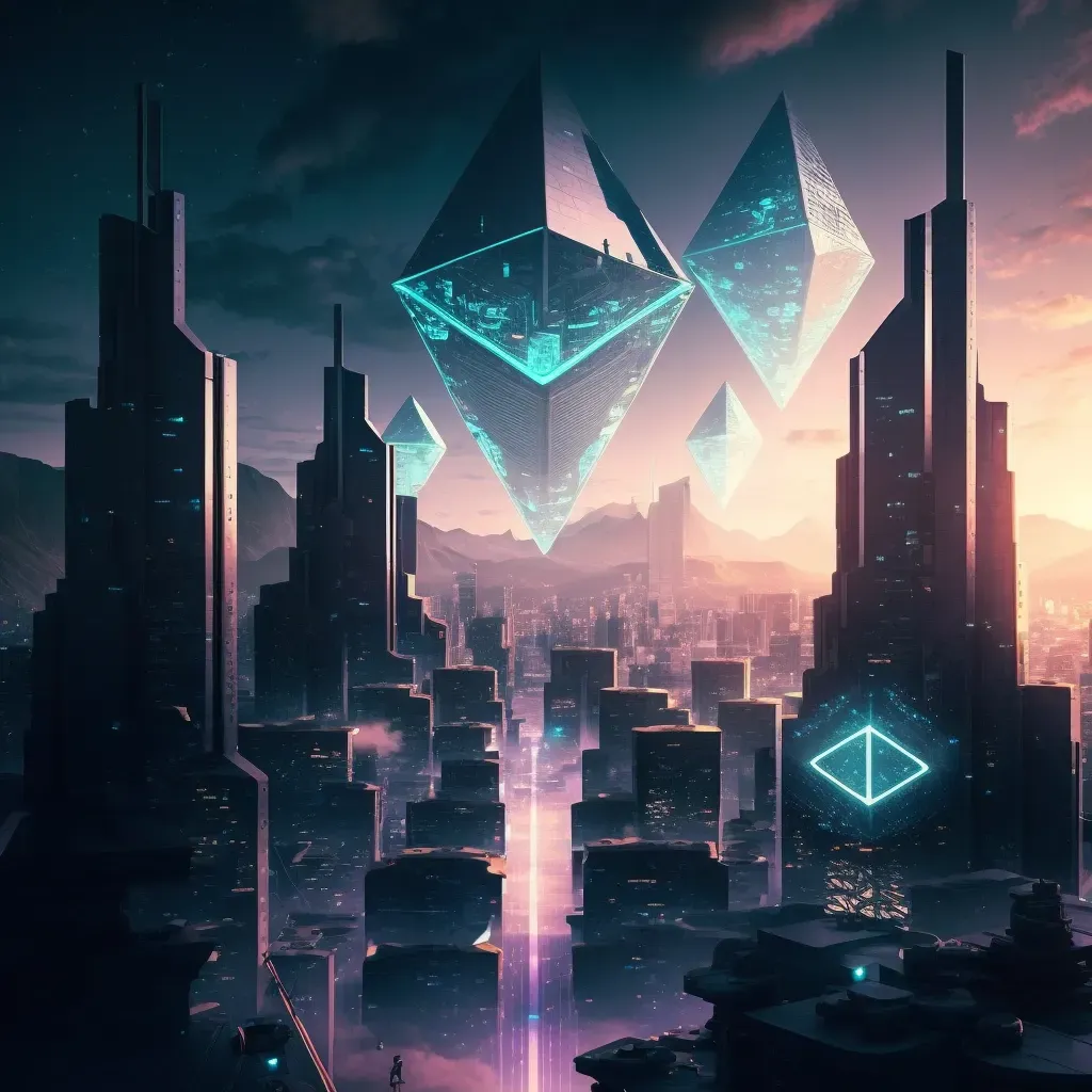Generated via mid journey, prompt : A futuristic cityscape with Ethereum logo